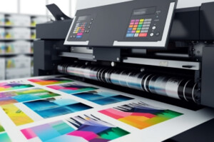 Modern printing press produces multi colored printouts